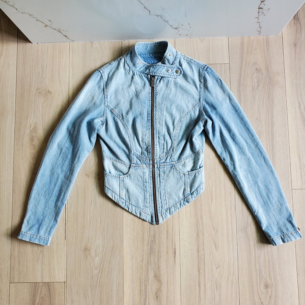 EB DENIM x St Croix Jacket Womens L Blue Light Wash Cropped Zip Up Moto Biker
